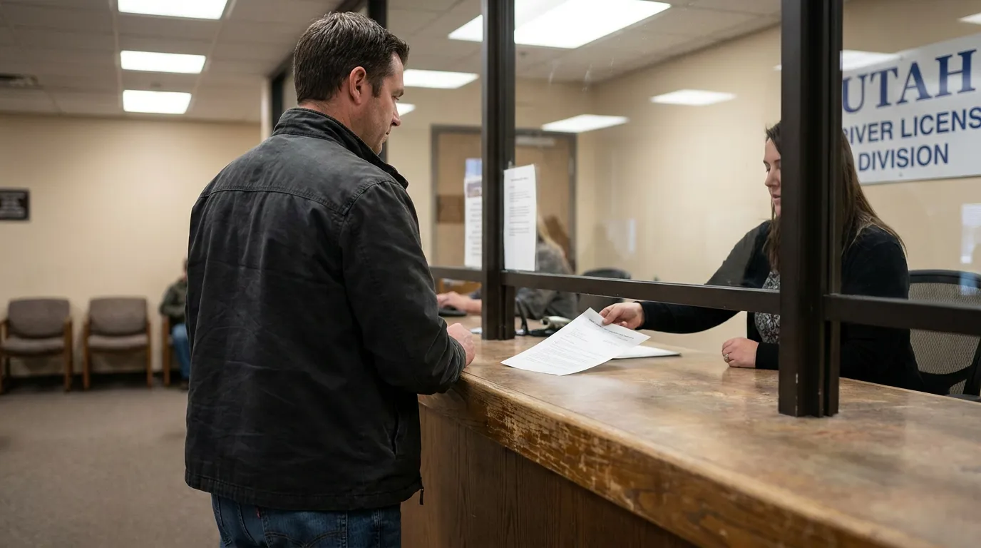 Man at Utah Driver License Division After DUI man submitting documents at Utah Driver License Division service counter