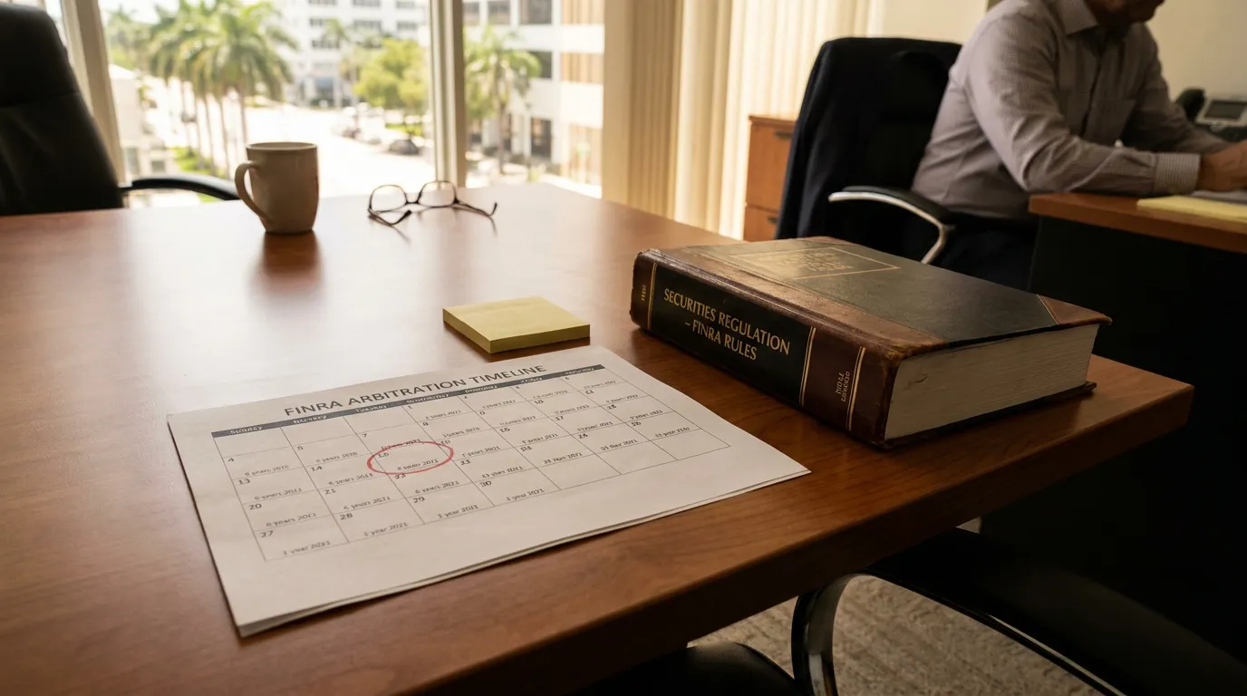 FINRA Arbitration Timeline calendar and Securities Regulation FINRA Rules book on office desk