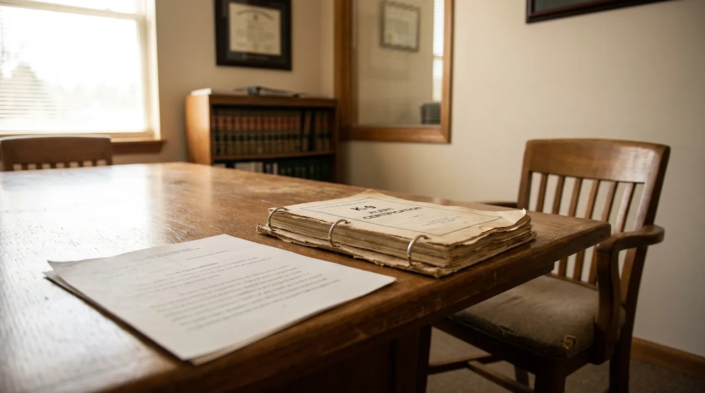 worn legal binder and documents on wooden desk in law office with framed credentials