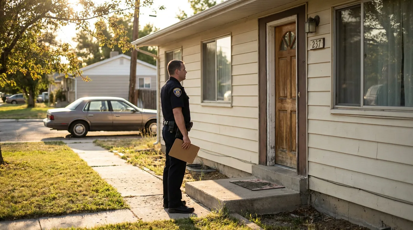 Salt Lake City Officer Responding to Protective Order Violation uniformed police officer holding clipboard standing outside residential home numbered 237