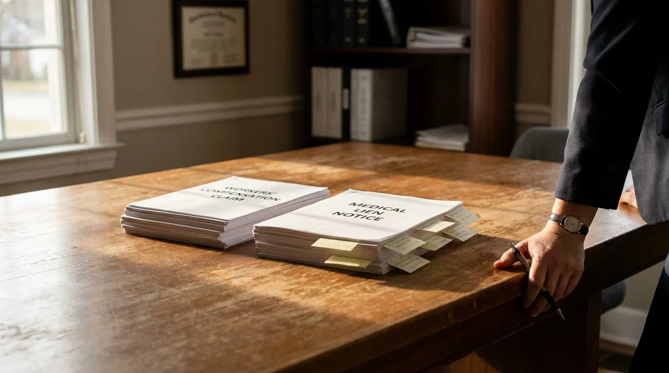 Illinois Workers Compensation Lien Documents on Attorney Desk Workers' Compensation Claim and Medical Lien Notice documents stacked on attorney's desk