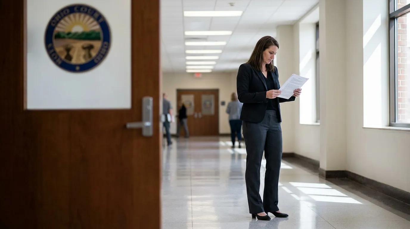 Attorney Reviewing Damage Cap Case Columbus Ohio Courthouse female attorney reviewing legal documents in Ohio County courthouse hallway