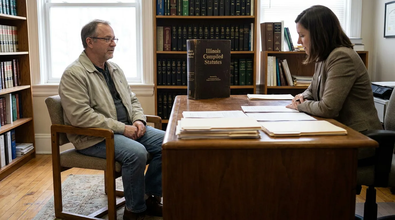Chicago Attorney Reviewing Illinois Dram Shop Act Claim attorney consulting client across desk with Illinois Compiled Statutes book visible