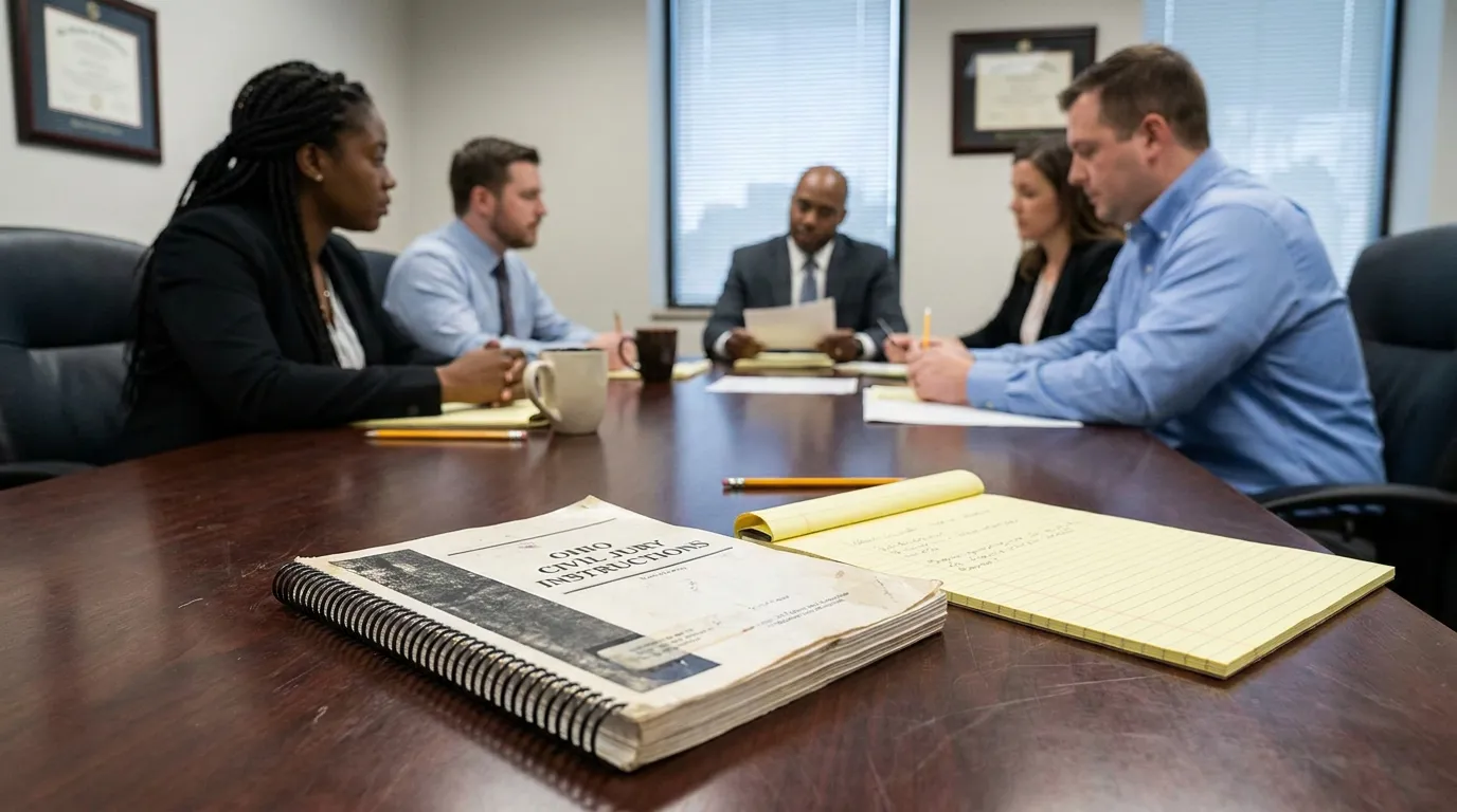 Ohio Civil Jury Instructions book on conference table during legal team meeting