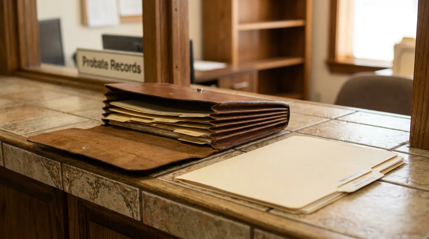 San Antonio Probate Records Desk Survival Action Estate Files Probate Records sign above leather accordion folder and manila files on courthouse counter