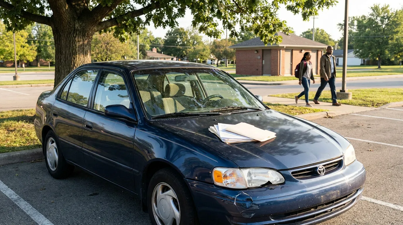 Columbus Car Accident With Medical Bills on Hood damaged Toyota sedan with legal documents on hood in parking lot