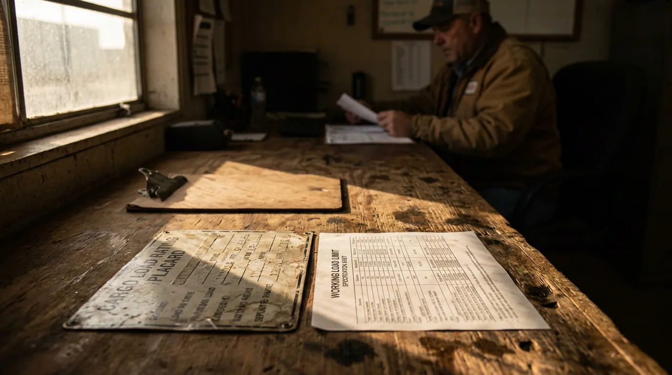 Working Load Limit Cargo Securement Placard San Antonio Trucker cargo load rating placard and working load limit specification sheet on worn worksite desk
