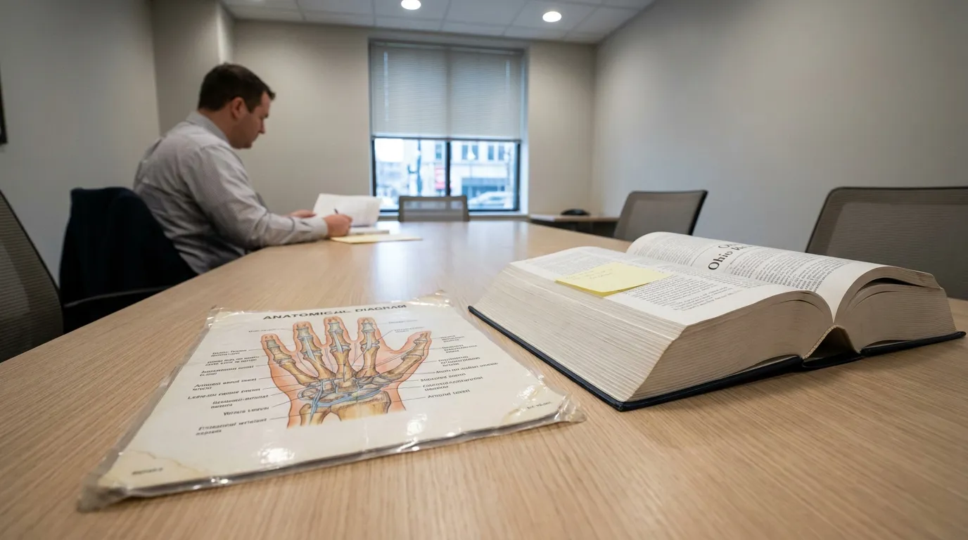 Cincinnati Attorney Reviewing Ohio Law Anatomical Deformity Claim attorney reviewing documents beside anatomical diagram and open Ohio law book