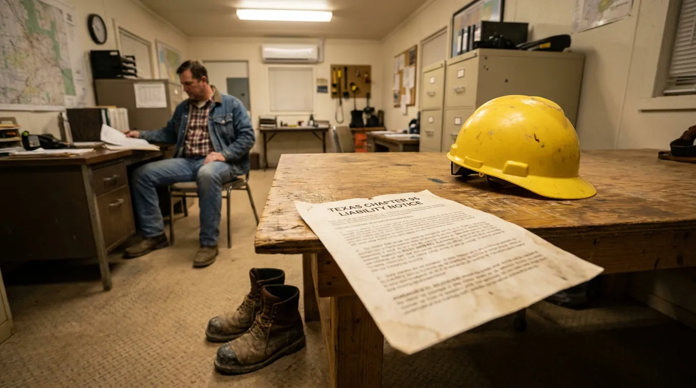 San Antonio Oilfield Worker Reviewing Texas Chapter 95 Liability Notice Texas Chapter 95 Liability Notice document beside hard hat in construction site office