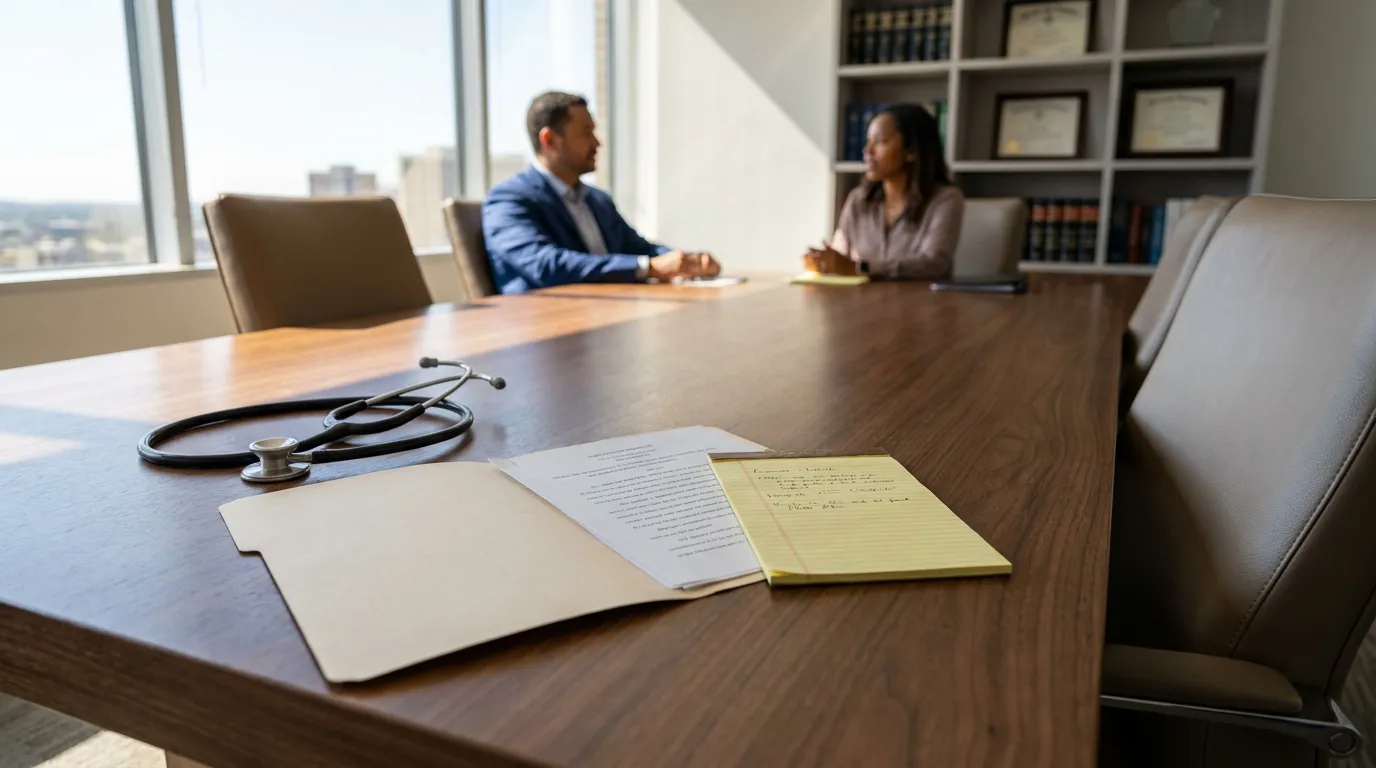 stethoscope and legal documents on conference table during attorney client meeting