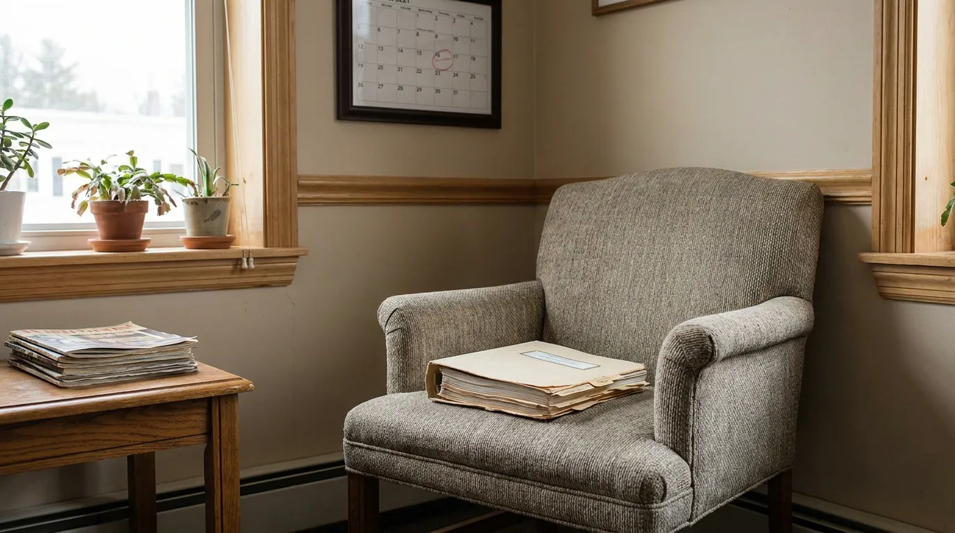 upholstered waiting room chair with legal file folder and wall calendar
