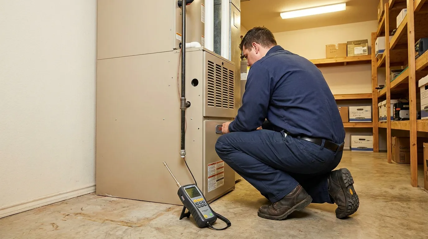 San Antonio Technician Inspecting Furnace for CO Health Safety technician kneeling beside residential furnace unit with gas detection meter on floor