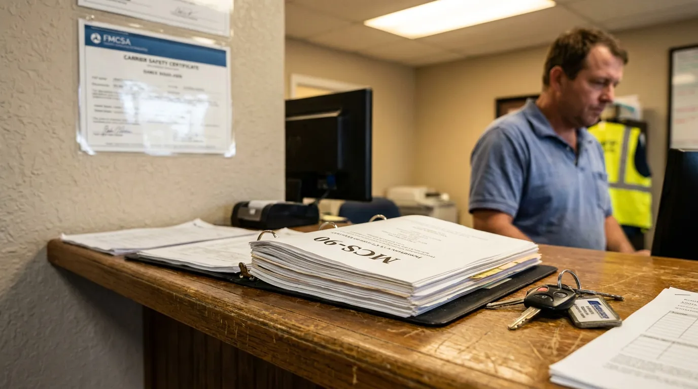 MCS-90 binder and keys on counter with FMCSA Carrier Safety Certificate on wall