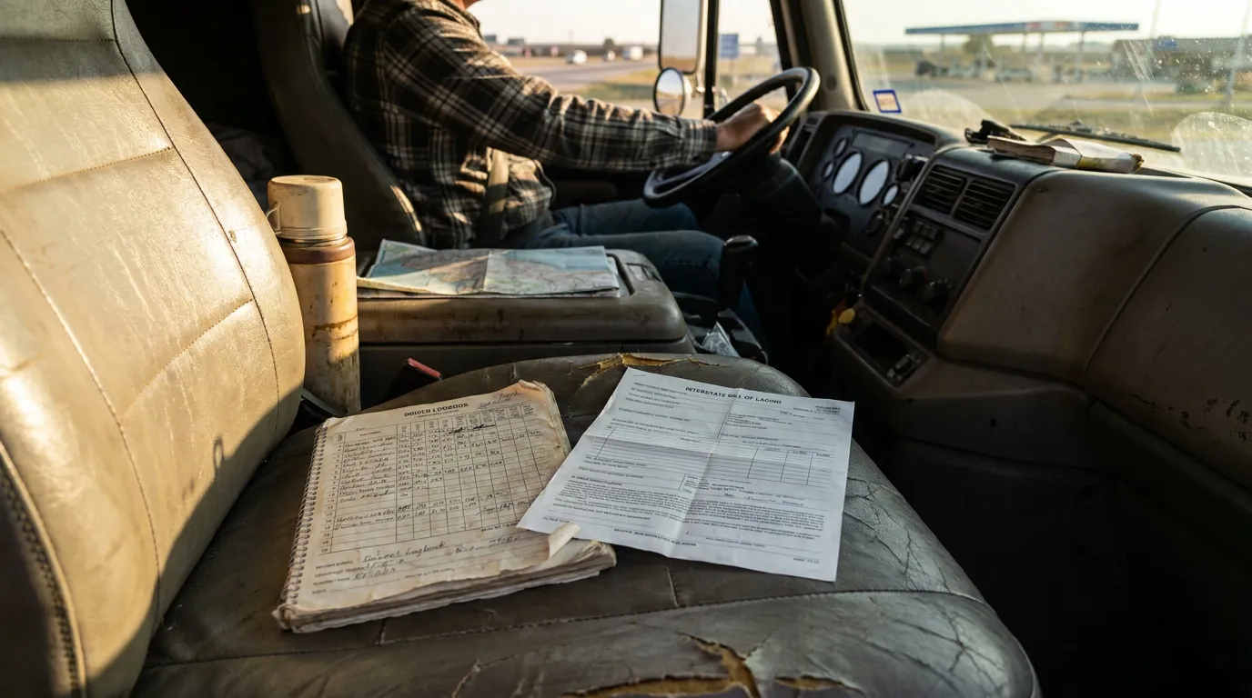 San Antonio Truck Driver Logbook and Interstate Bill of Lading truck driver at wheel with driver logbook and interstate bill of lading on seat