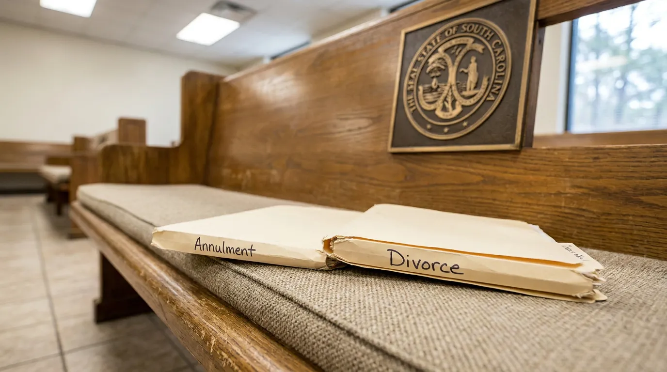 Annulment vs Divorce Files South Carolina Family Court Annulment and Divorce labeled folders on South Carolina courtroom bench