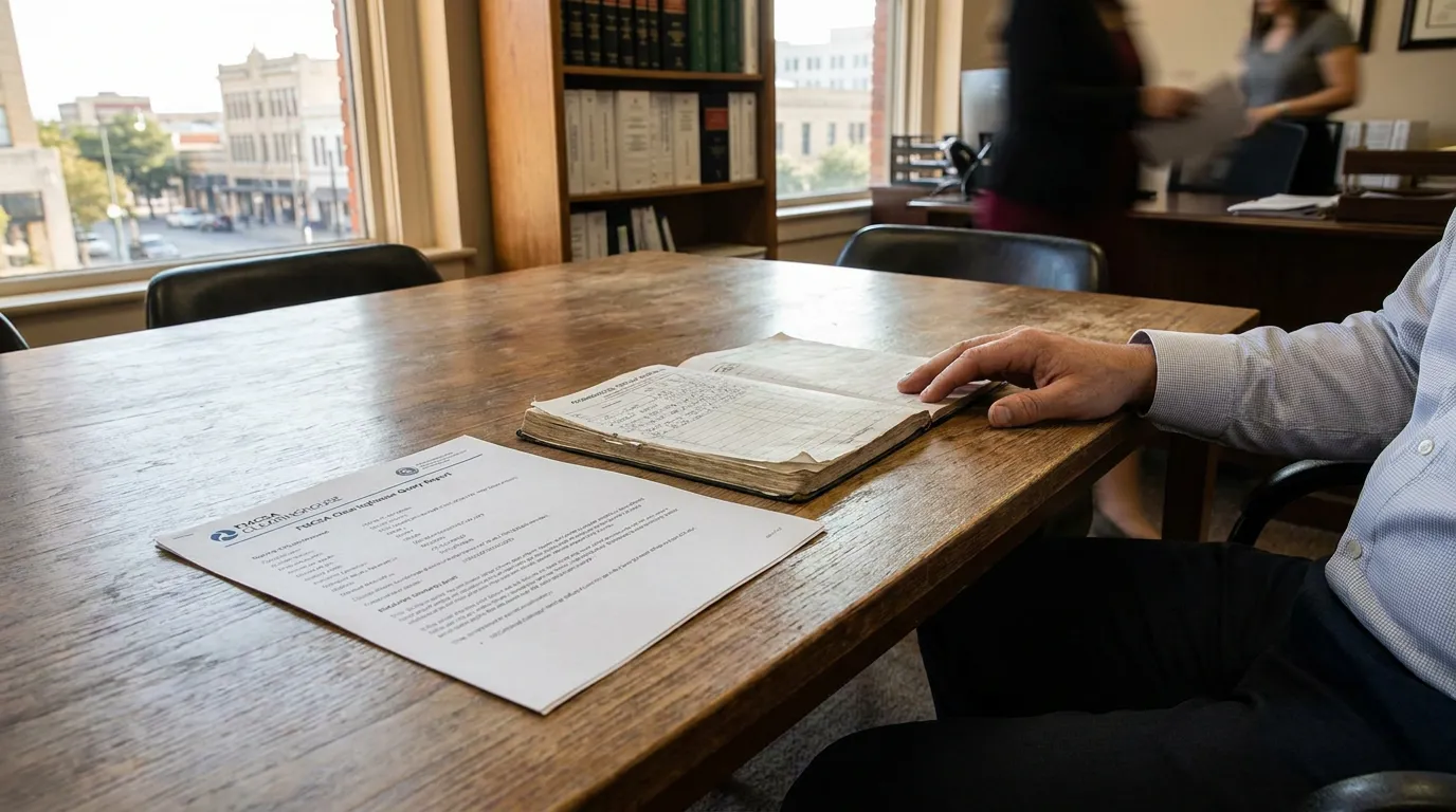 FMCSA Clearinghouse Report San Antonio Truck Accident Attorney attorney hand resting on FMCSA Clearinghouse Query Report document on law office table