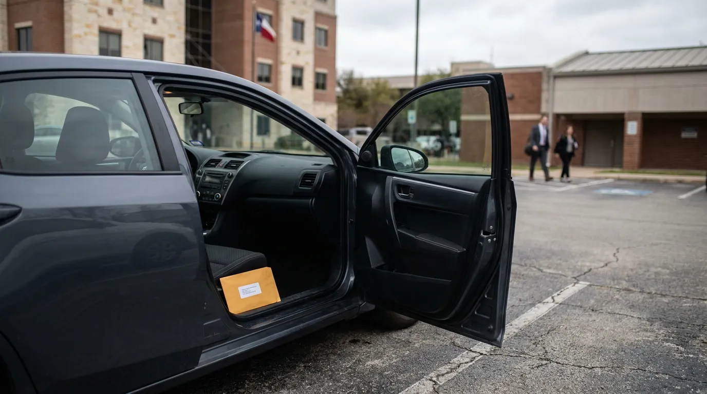 Austin Attorney Delivering Stowers Demand Letter After Fatal Crash open car door with manila envelope on seat outside courthouse building
