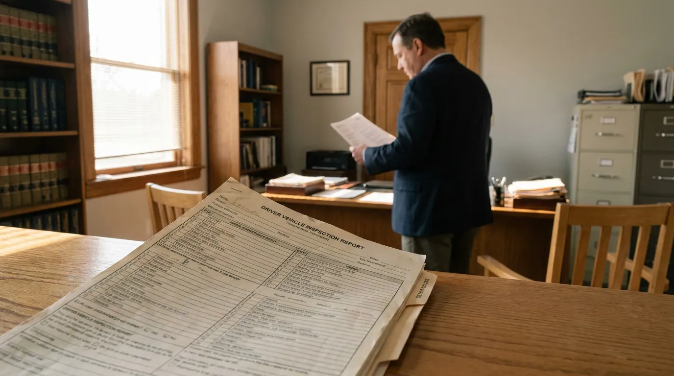 Columbus Attorney Reviewing Missing Post-Accident DOT Test Record attorney reviewing documents beside Driver Vehicle Inspection Report in law office