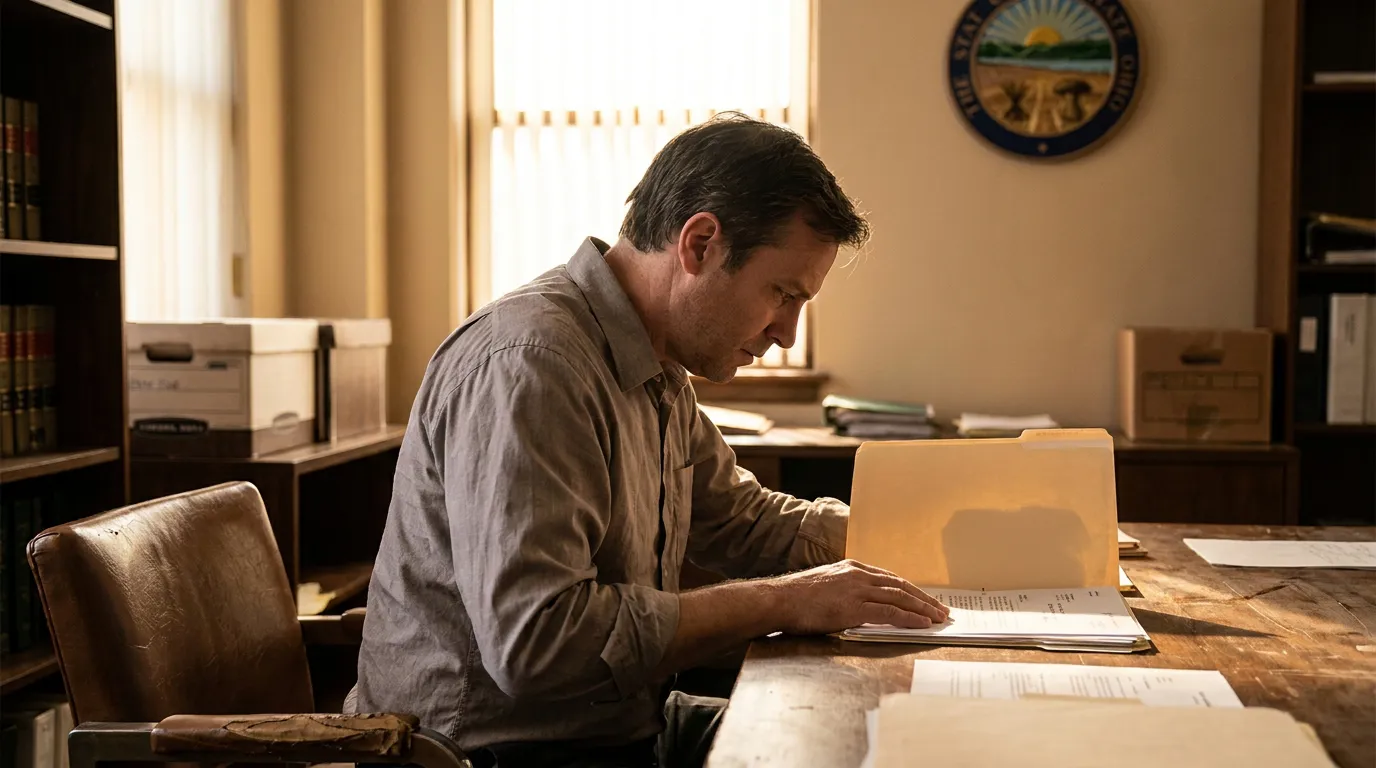 man reviewing open legal file folder at desk with state seal on wall