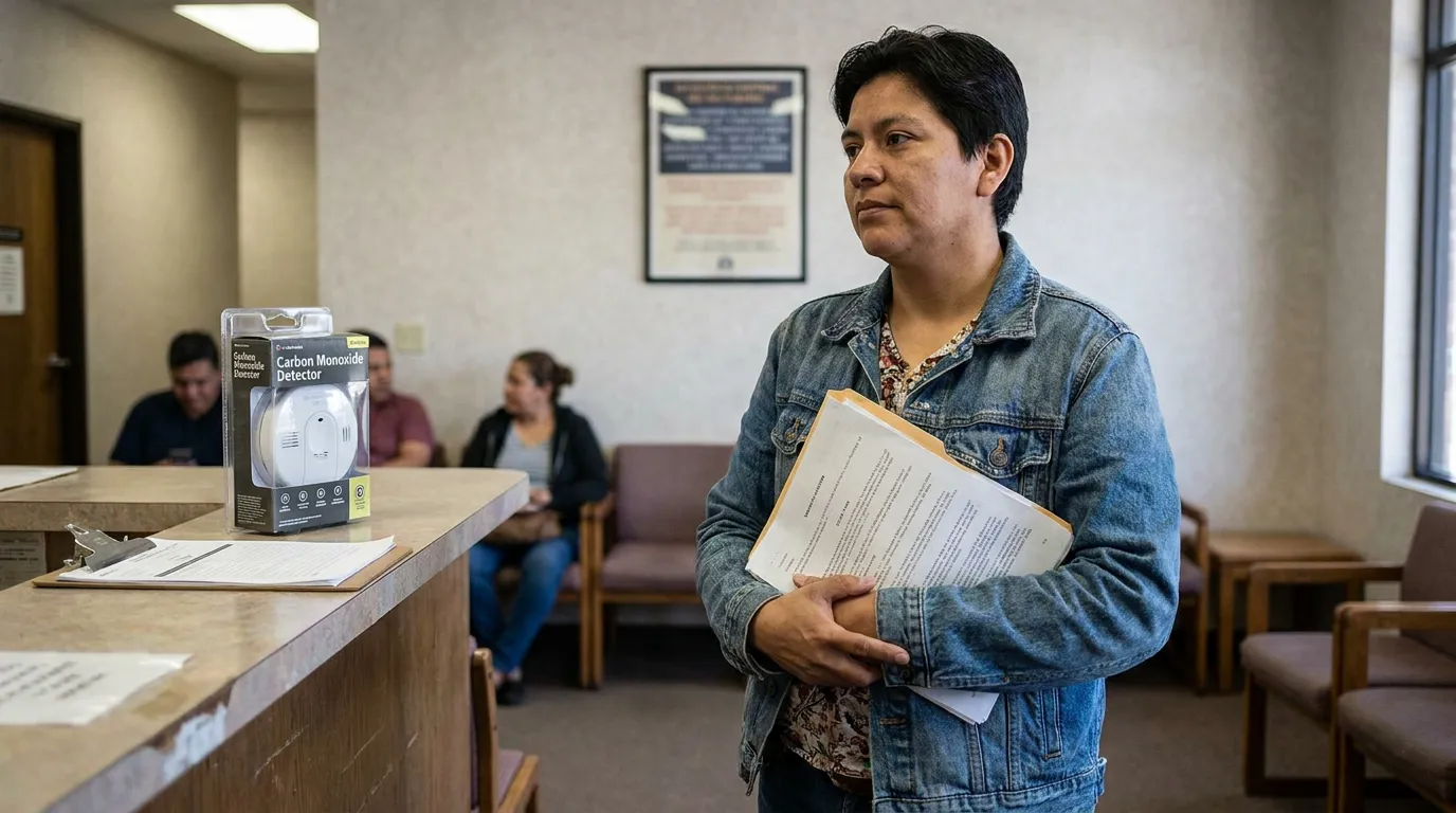 San Antonio Tenant Filing CO Poisoning Lawsuit Against Landlord person holding legal documents beside packaged carbon monoxide detector on office counter