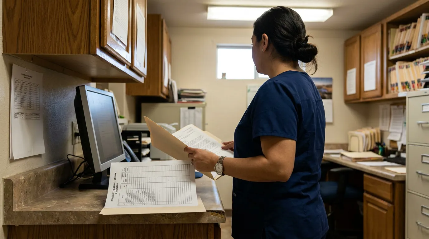 San Antonio HBOT Medical Records CO Injury Claim medical professional in scrubs reviewing patient file folder at clinic workstation