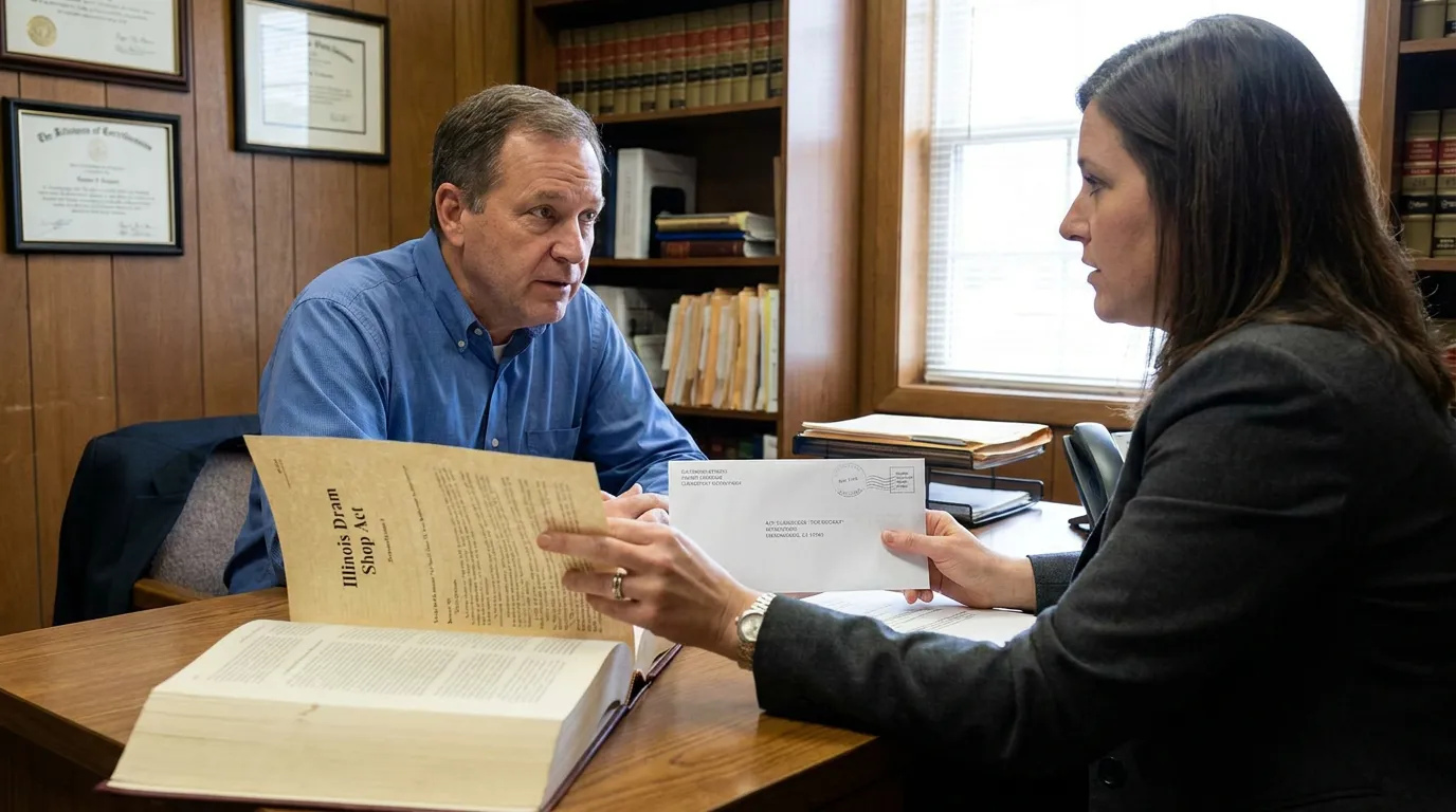 Chicago Attorney Reviewing Illinois Dram Shop Act Filing Deadline attorney and client reviewing Illinois Dram Shop Act document in law office
