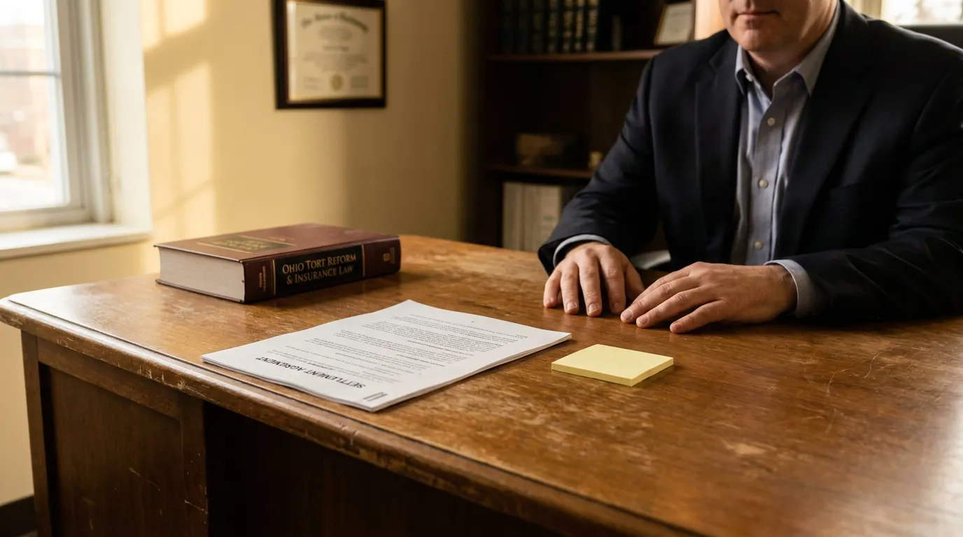 Cincinnati Attorney Reviewing Ohio Damages Cap Settlement Agreement attorney seated at desk with settlement agreement and Ohio Tort Reform Insurance Law book