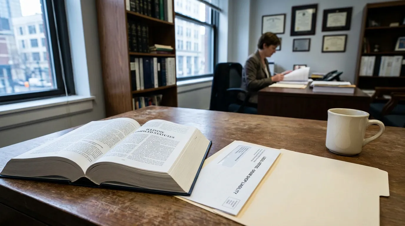 Chicago Attorney Reviewing Illinois Dram Shop Liability Law open Illinois Compiled Statutes book beside dram shop liability case folder on attorney desk