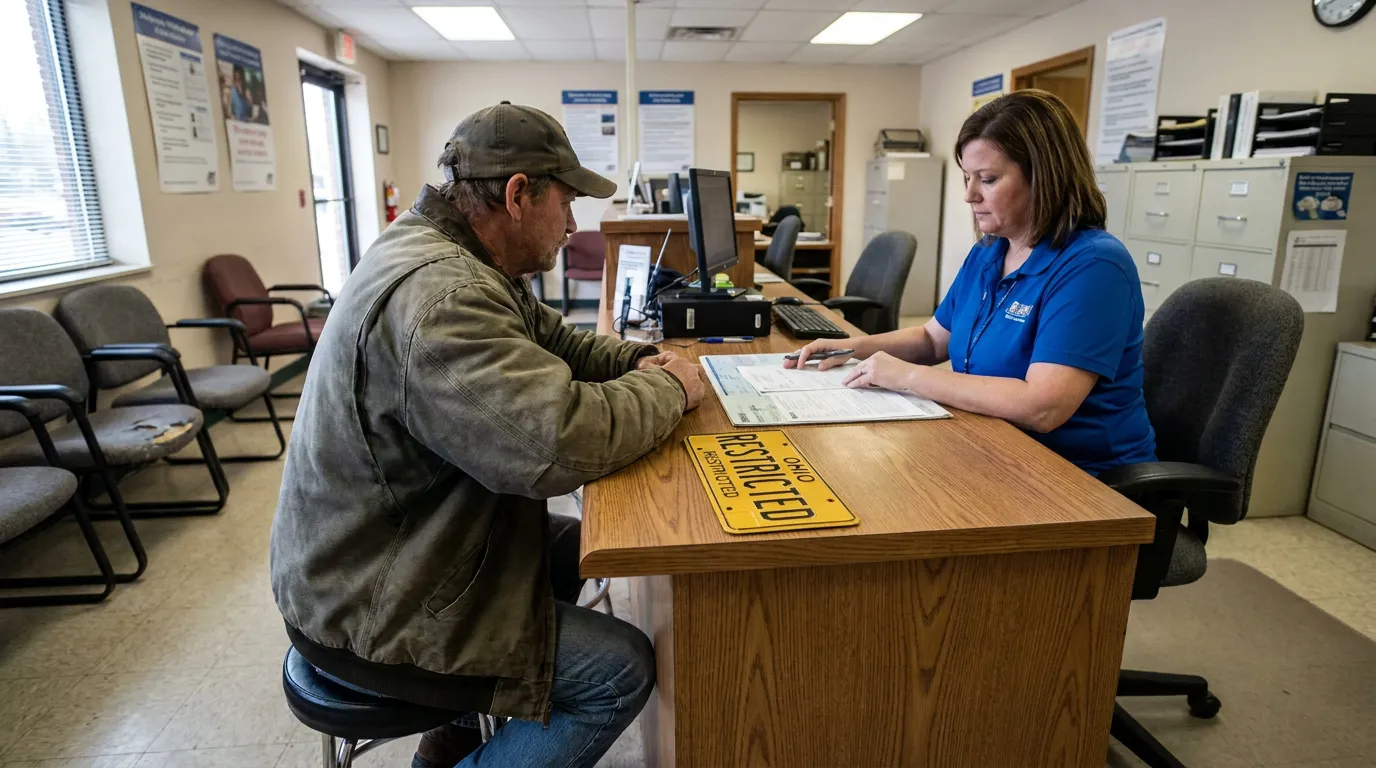 Cincinnati OVI Offender Receiving Yellow Restricted Plate at BMV man at government office desk with Ohio Restricted license plate and paperwork