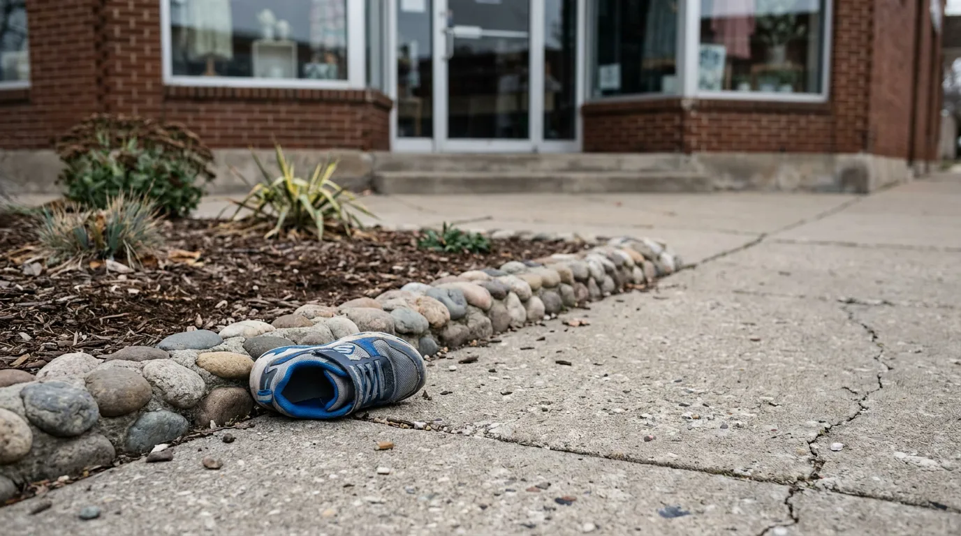 Chicago Sidewalk Hazard Shoe Distraction Exception Premises Liability child's sneaker abandoned on cracked sidewalk beside rock-bordered mulch garden