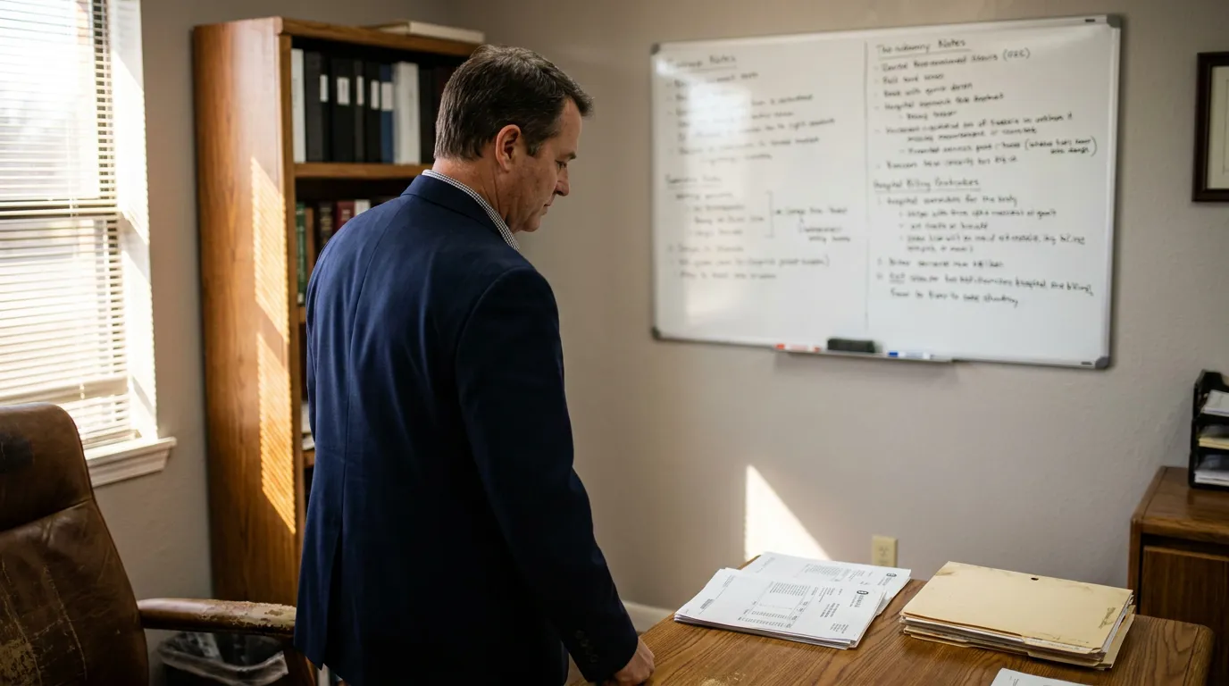 San Antonio Attorney Reviewing Hospital Lien Stowers Demand Files attorney standing at desk reviewing case documents beside whiteboard with case notes