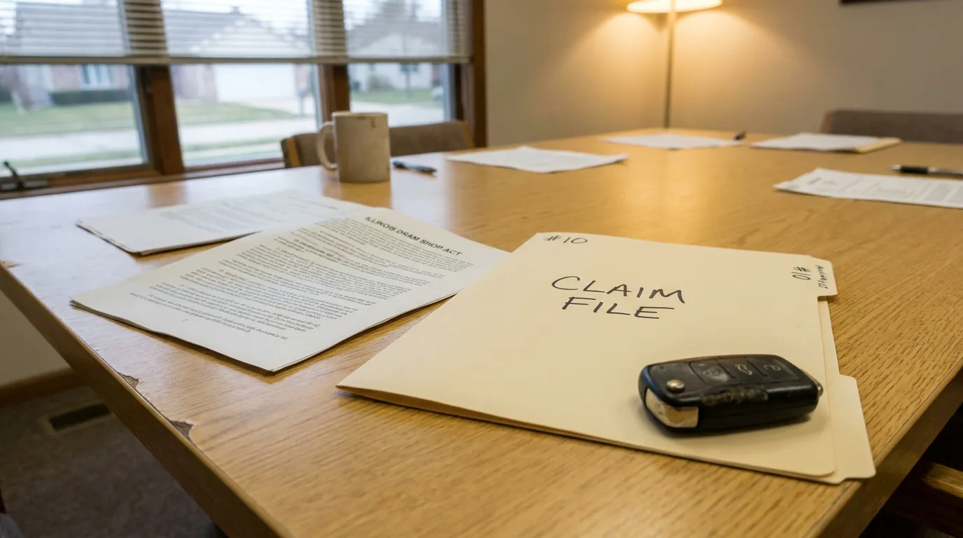 Illinois Dram Shop Act Claim File DuPage County Claim file folder and car keys beside Illinois Dram Shop Act document on conference table