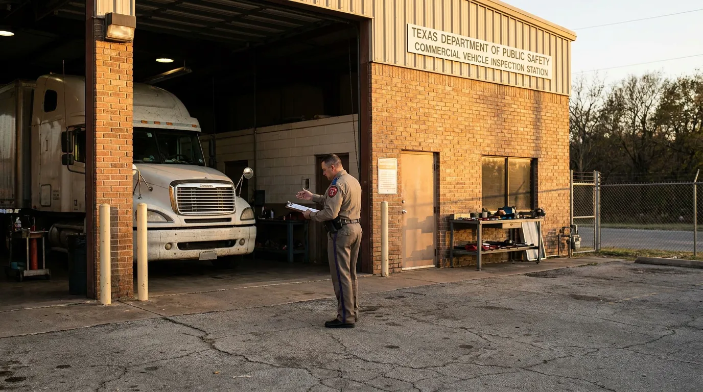 Texas DPS officer reviewing clipboard outside Commercial Vehicle Inspection Station with semi-truck