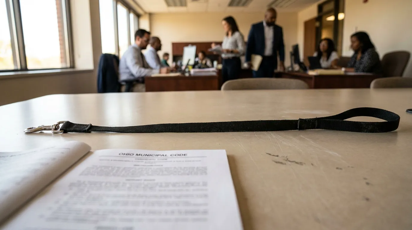 Columbus Dog Bite Claim Ohio Leash Law Courtroom Ohio Municipal Code document and dog leash on table during courtroom proceeding