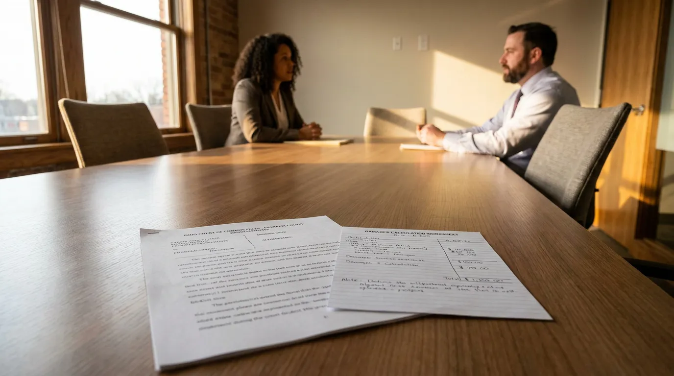Columbus Injury Lawyer Reviewing Ohio Noneconomic Damage Cap Claim Ohio court filing and damages calculation worksheet on conference table during legal meeting