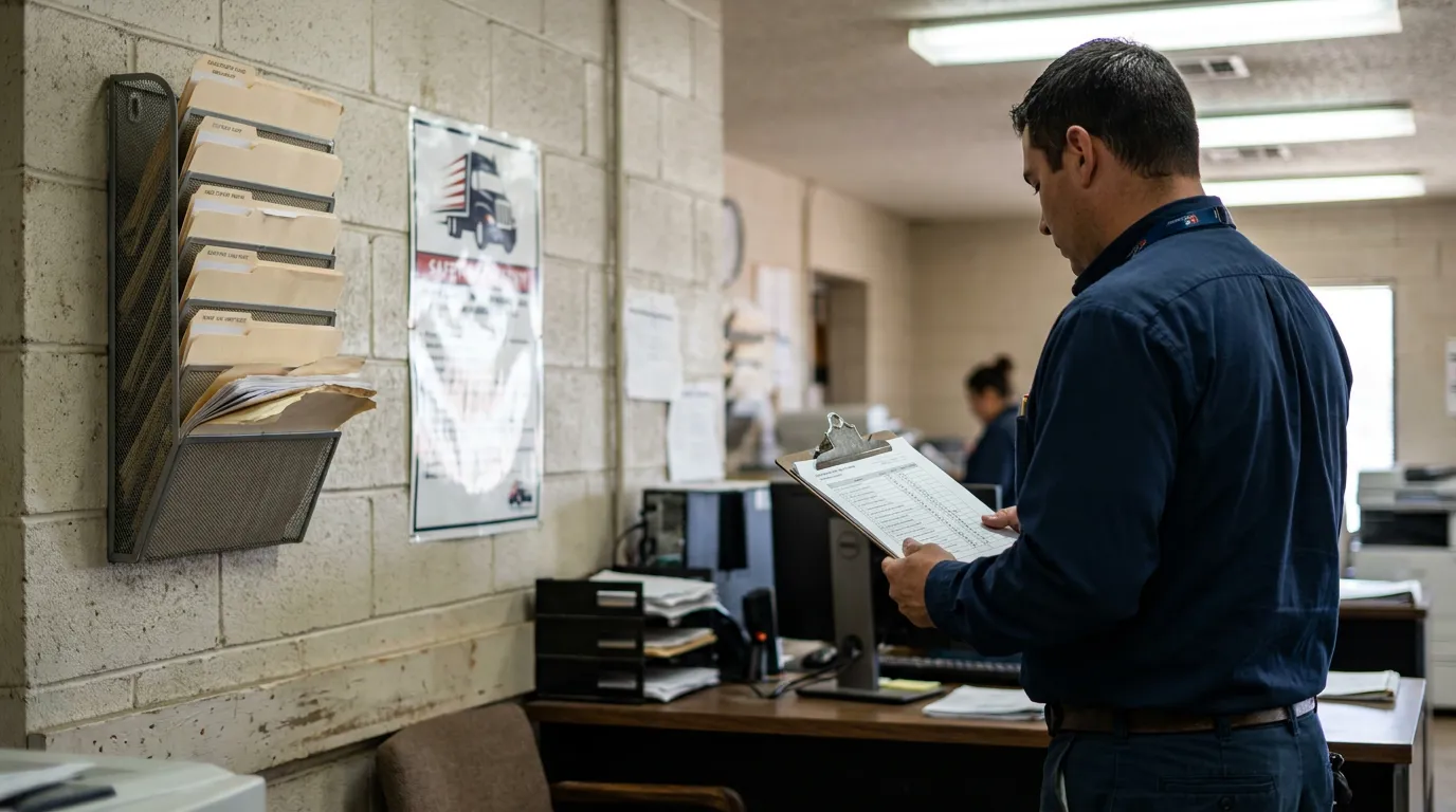 worker reviewing clipboard checklist in trucking dispatch office with wall file organizer