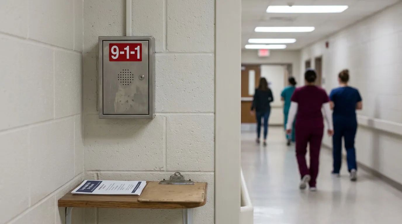 Salt Lake City Hospital 911 Call Box Overdose Immunity 9-1-1 emergency intercom mounted on wall in hospital corridor with medical staff walking