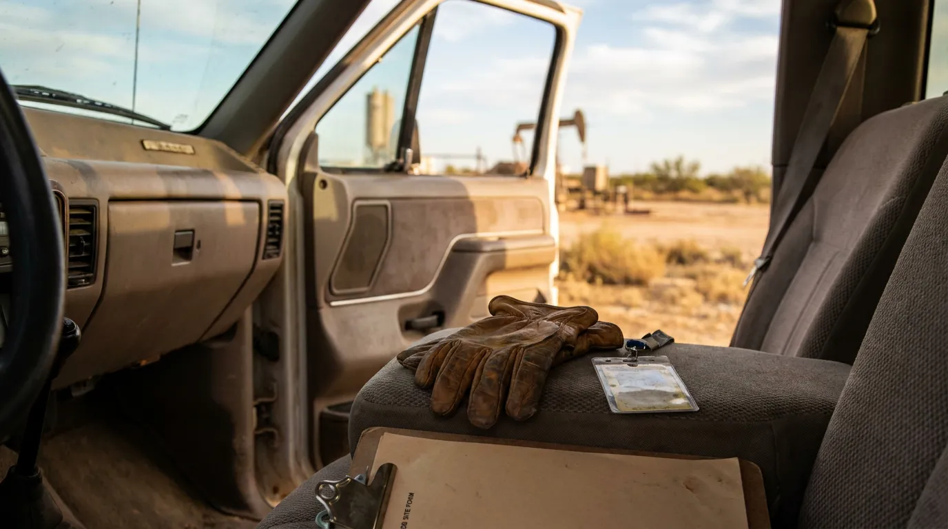 San Antonio Oilfield Worker Truck Gloves Oil Pump Jack worn work gloves and ID badge on truck seat near oil field pump jack