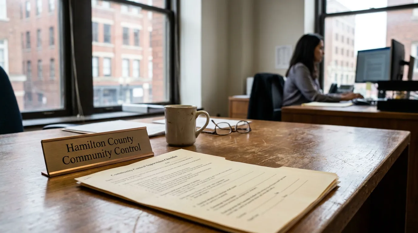 Hamilton County Community Control Office Cincinnati Ohio Hamilton County Community Control nameplate beside open supervision checklist on office desk