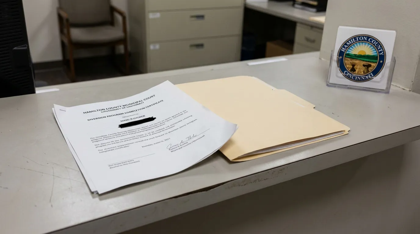 Hamilton County Cincinnati Diversion Program Completion Certificate Hamilton County Municipal Court Diversion Program Completion Certificate on desk with case folder