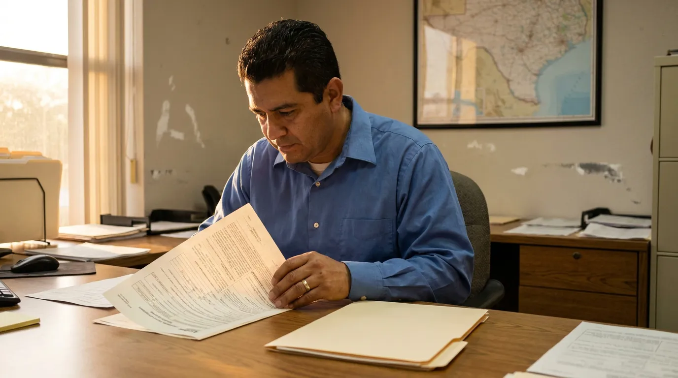 San Antonio Carrier Reviewing MCS-90 Reimbursement Clause Documents man seated at office desk reviewing printed legal documents from open folder