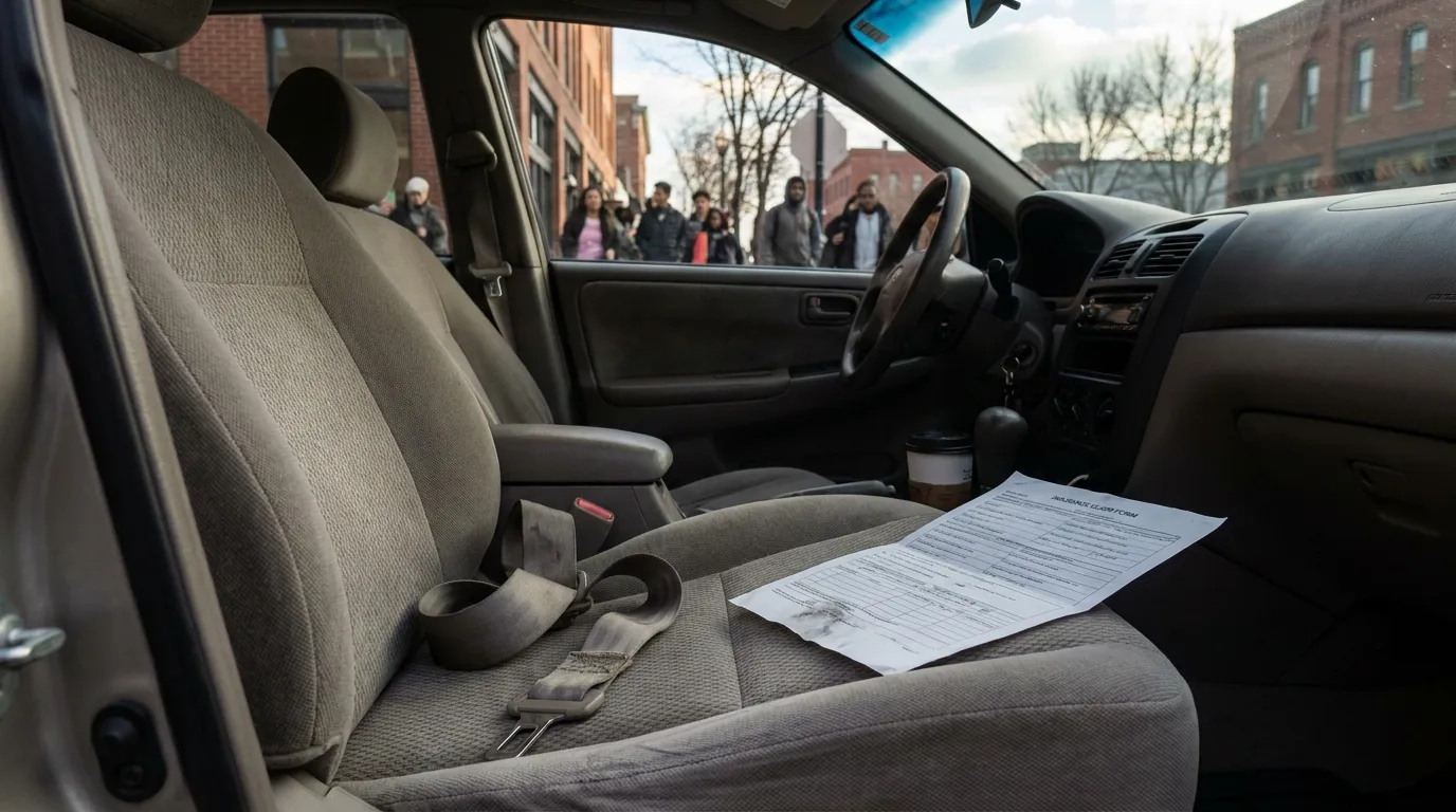 insurance claim form resting on car passenger seat with unbuckled seatbelt