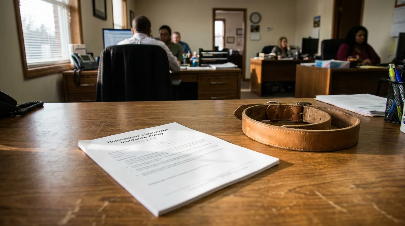 Columbus Vicious Dog Insurance Policy and Collar on Desk Homeowner's Insurance Policy document and leather belt on law office desk