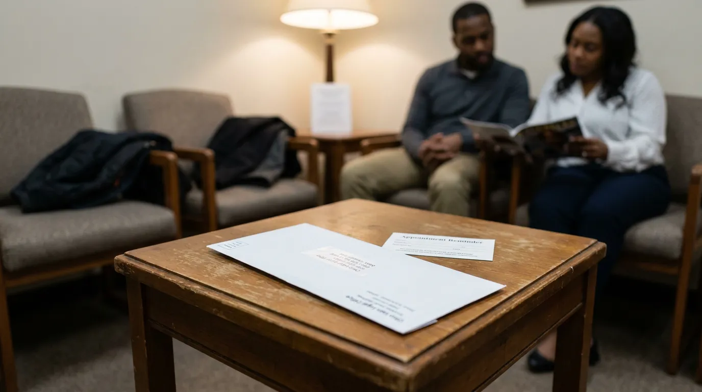 appointment reminder card and documents on waiting room table with two seated clients