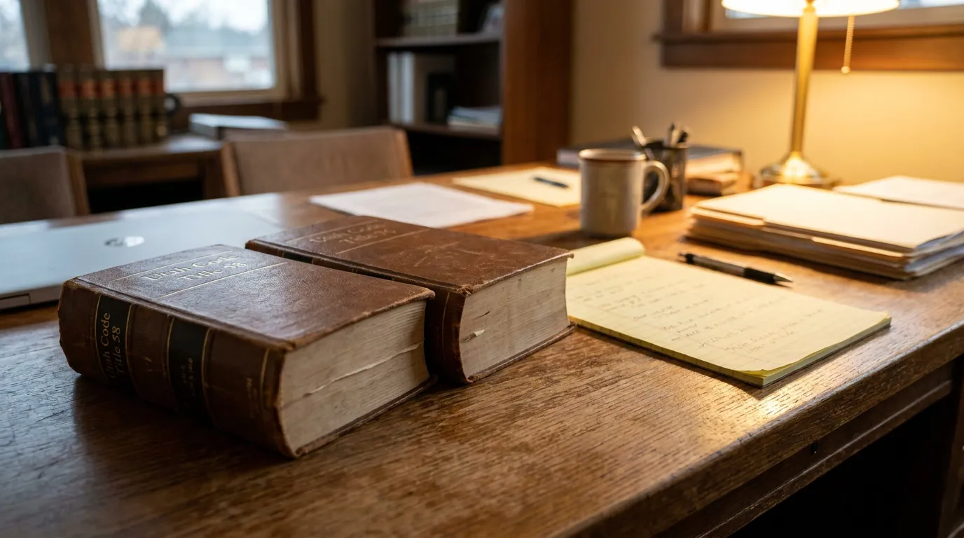 Utah Code Title 58 law volumes on wooden attorney office desk with notepad