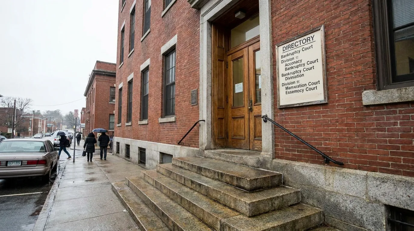 Leominster MA Bankruptcy Court Building Entrance Bankruptcy Court building exterior with directory sign and stone entrance steps