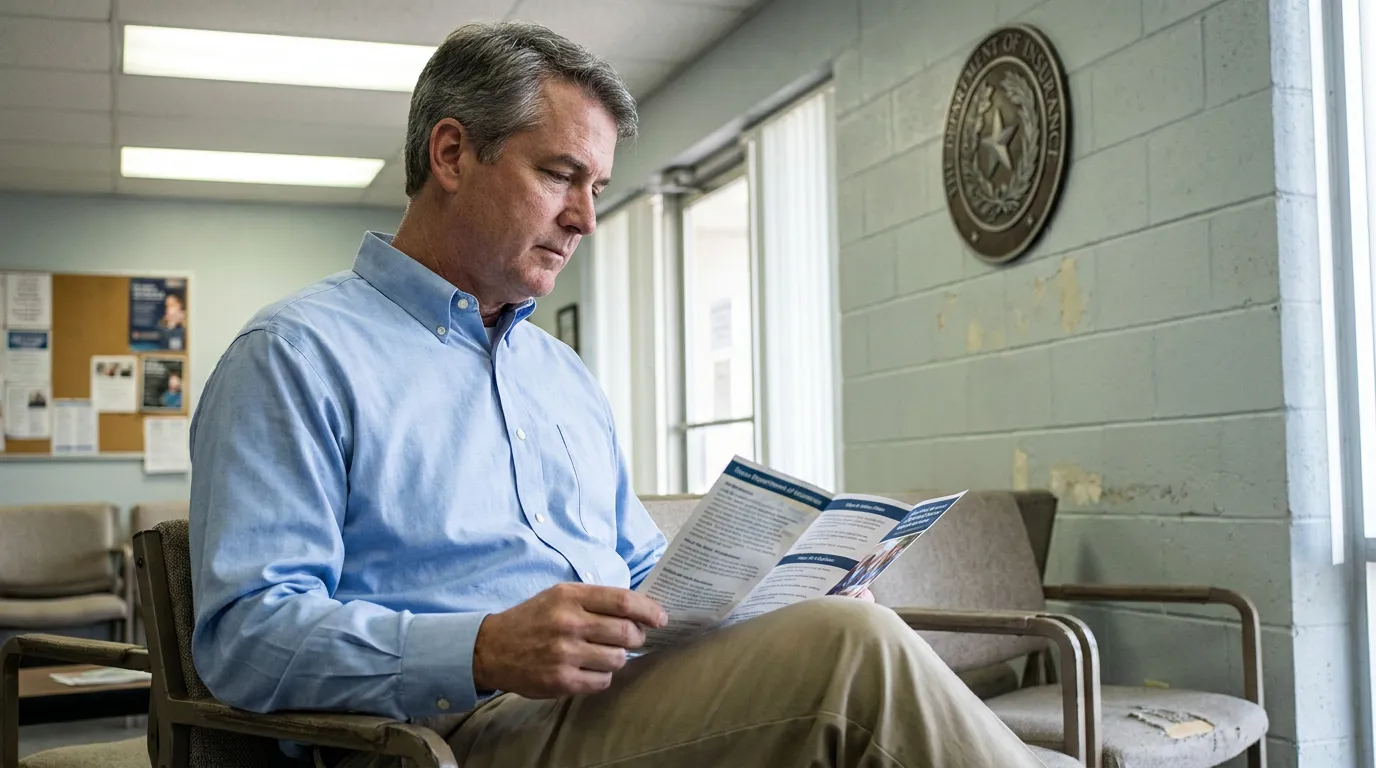 Man Reading Texas PIP Insurance Brochure San Antonio Office man reading Texas Department of Insurance brochure in government office waiting room