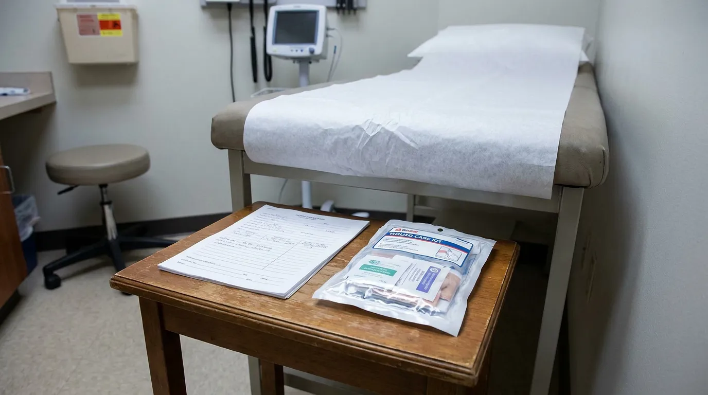 Columbus Dog Bite Infection Treatment in Medical Exam Room medical exam room with patient table, wound care kit, and medical intake form
