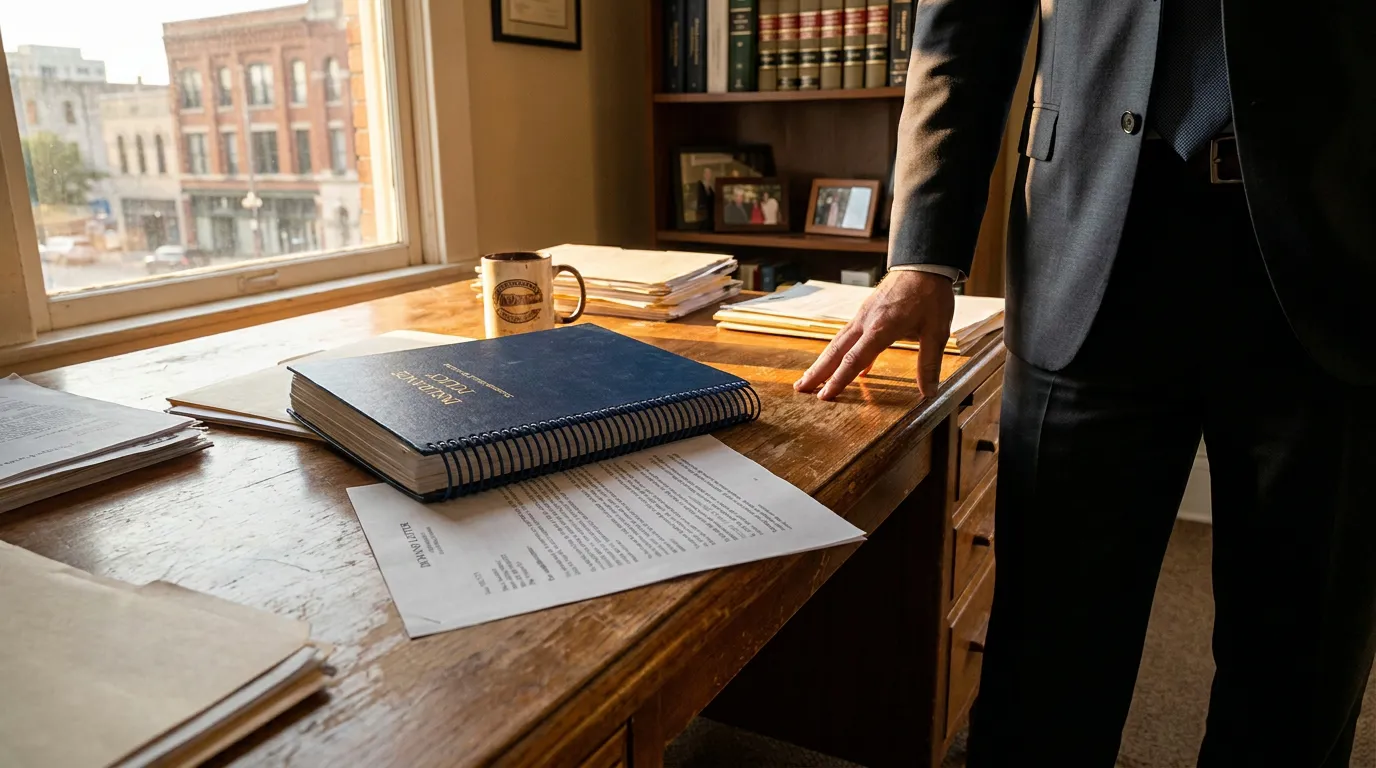 San Antonio Attorney Reviewing Stowers Demand Insurance Policy Documents attorney standing at desk with insurance policy binder and legal documents