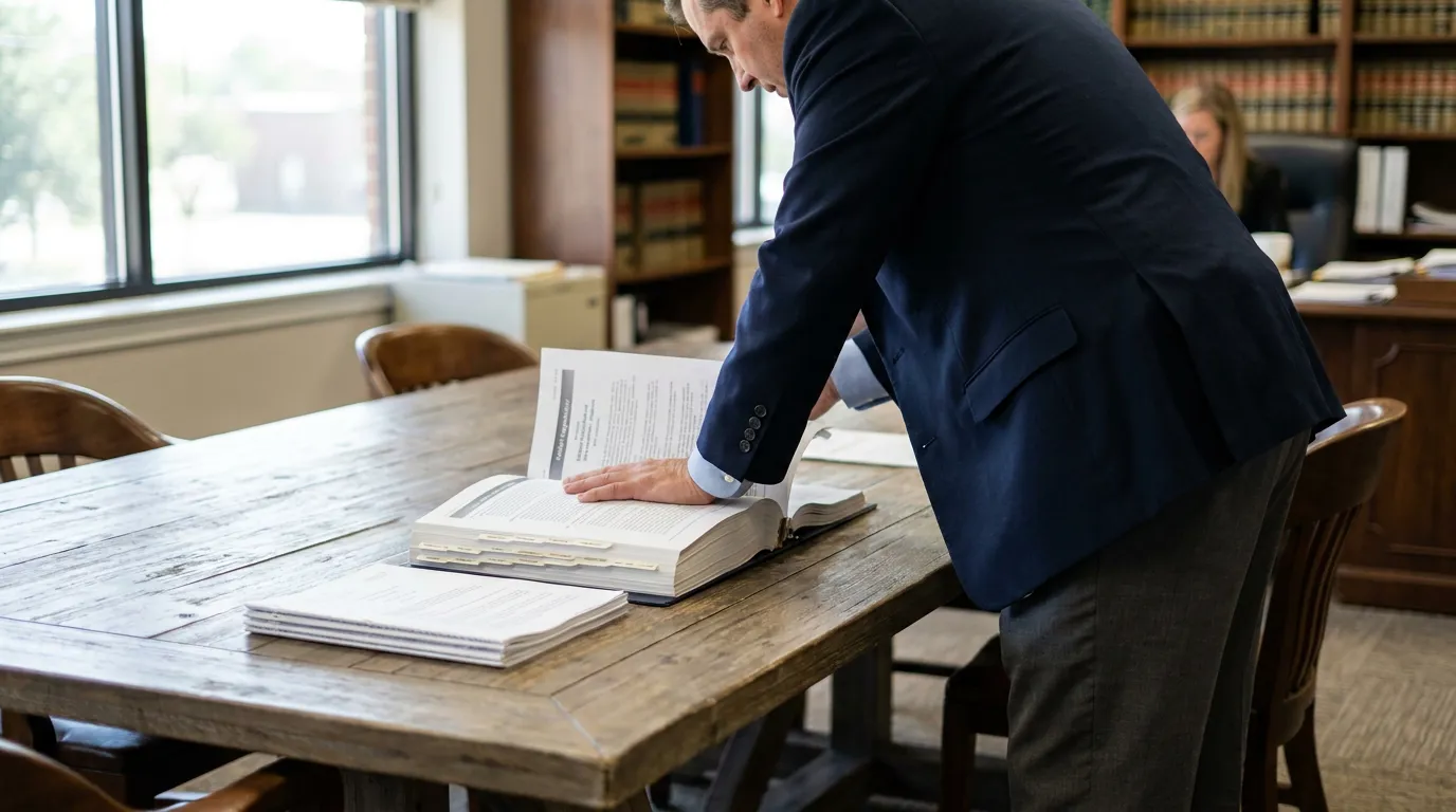 San Antonio Truck Accident Attorney Reviewing Federal Trucking Regulations attorney leaning over wooden table reviewing open legal book in law library